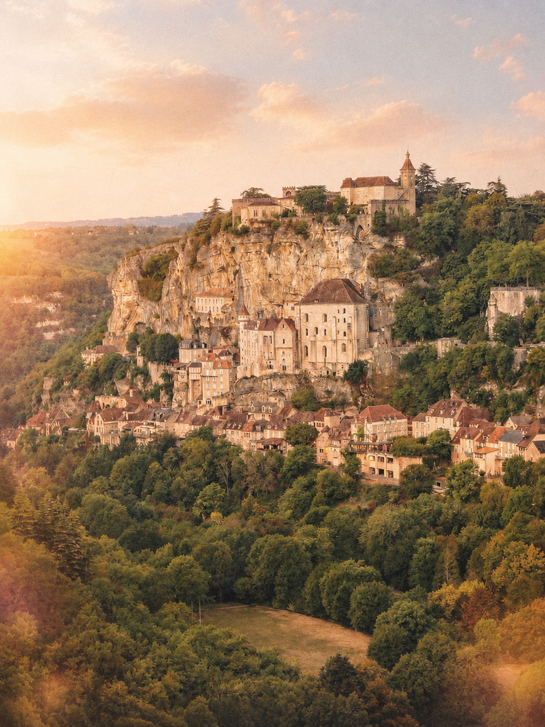 Rocamadour village in France, with historic stone buildings and the sanctuary dramatically built into a wooded cliffside.